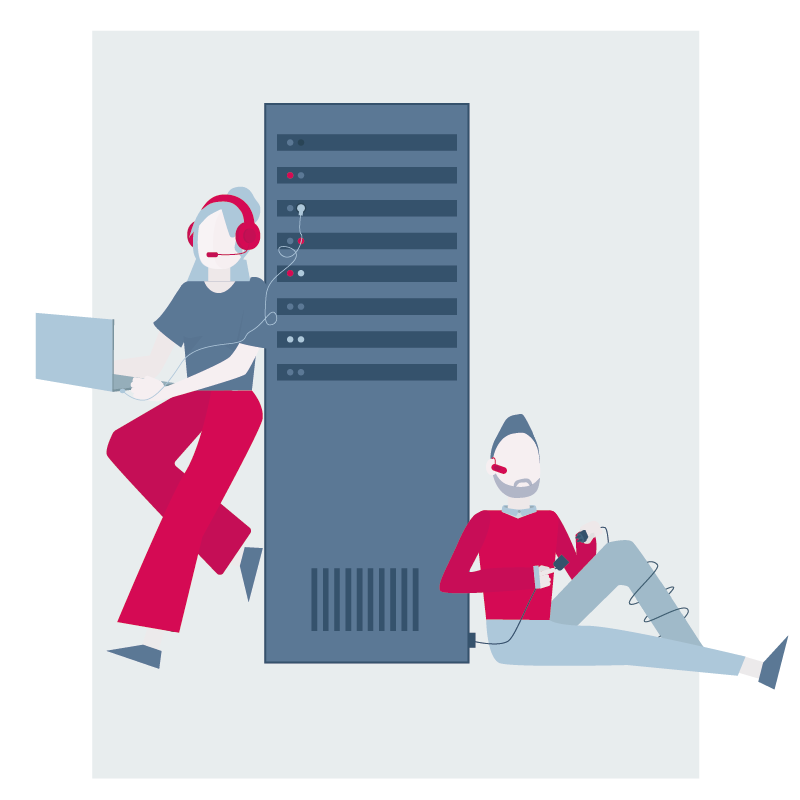 Illustration eines Servers: Ein Mann verkabelt die Hardware, eine Frau gibt IT-Support am Telefon.