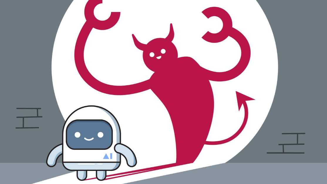 Illustration eines kleinen Roboters vor dem Schatten einer großen, gehörnten Figur mit langen Armen und spitzem Schwanz.