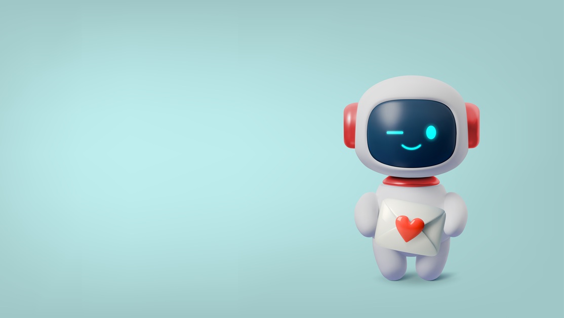 3D‑Cartoon‑Roboter mit weißem Körper und roten Akzenten hält einen Umschlag mit rotem Herz vor einem türkisfarbenen Hintergrund; sein Display zeigt ein zwinkerndes, lächelndes Gesicht.